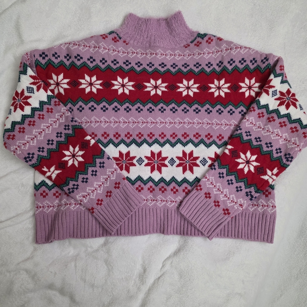 33 Degrees Fair Isle Sweater XL Purple Red Snowflake Cropped, Mock Turtleneck